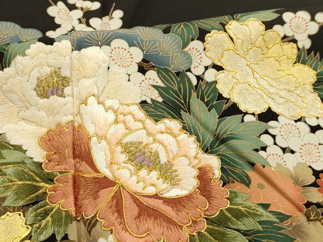平和屋着物■豪華黒留袖　駒刺繍　花車文　金銀彩　正絹　逸品　AABJ7895sx