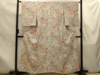 平和屋着物■上質な小紋　型染め　扇面花風景文　正絹　逸品　AABJ7909sx