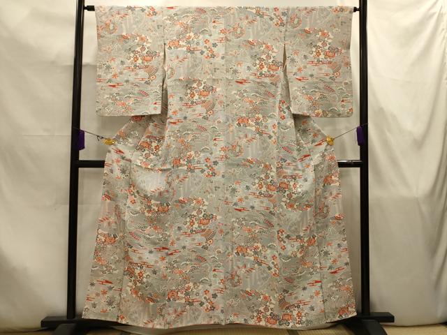 平和屋着物■上質な小紋　型染め　扇面花風景文　正絹　逸品　AABJ7909sx