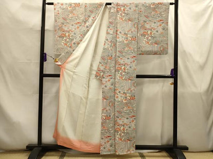平和屋着物■上質な小紋　型染め　扇面花風景文　正絹　逸品　AABJ7909sx