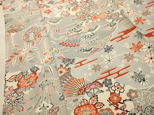 平和屋着物■上質な小紋　型染め　扇面花風景文　正絹　逸品　AABJ7909sx