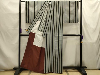 平和屋着物■小紋　間道　黒地　背抜き仕立て　洗える着物　AABJ7928sx