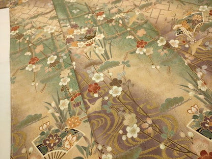 平和屋着物■上質な小紋　飛鶴扇面花文　金彩　正絹　逸品　AABJ7939sx
