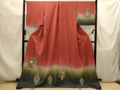 平和屋着物■訪問着　手描き　花鳥文　暈し染め　金彩　ロング丈　正絹　逸品　AABJ7944sx