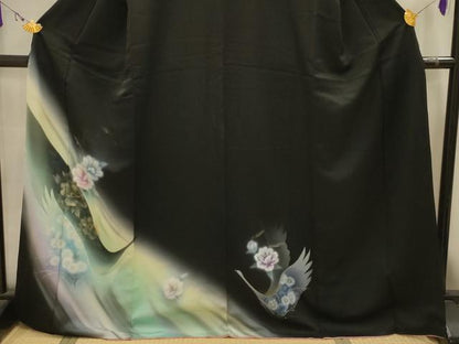 平和屋着物■訪問着　飛鶴花文　暈し染め　黒地　金銀彩　正絹　逸品　AABJ7945sx