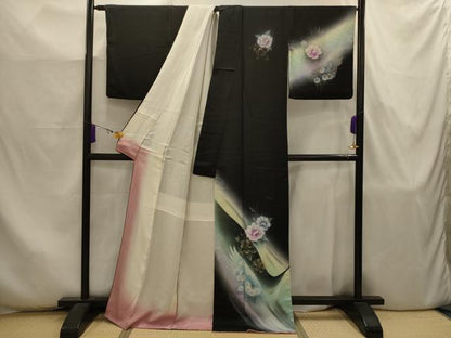 平和屋着物■訪問着　飛鶴花文　暈し染め　黒地　金銀彩　正絹　逸品　AABJ7945sx