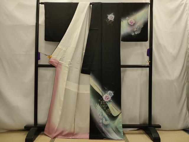 平和屋着物■訪問着　飛鶴花文　暈し染め　黒地　金銀彩　正絹　逸品　AABJ7945sx