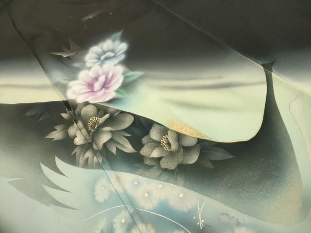 平和屋着物■訪問着　飛鶴花文　暈し染め　黒地　金銀彩　正絹　逸品　AABJ7945sx