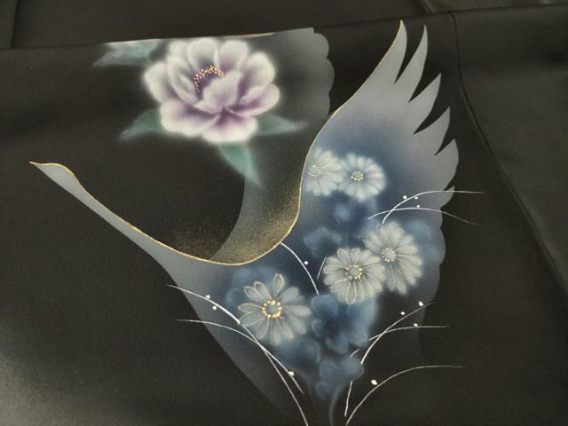平和屋着物■訪問着　飛鶴花文　暈し染め　黒地　金銀彩　正絹　逸品　AABJ7945sx