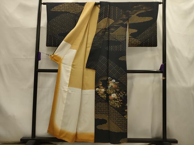 平和屋着物■訪問着　駒刺繍　吉祥花文　黒地　金銀彩　正絹　逸品　AABJ7958sx
