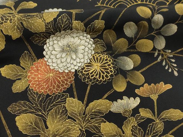平和屋着物■訪問着　駒刺繍　吉祥花文　黒地　金銀彩　正絹　逸品　AABJ7958sx