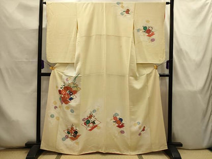平和屋着物■訪問着　手描き　駒刺繍　松皮菱花文　金彩　正絹　逸品　AABJ7959sx