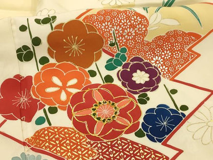 平和屋着物■訪問着　手描き　駒刺繍　松皮菱花文　金彩　正絹　逸品　AABJ7959sx