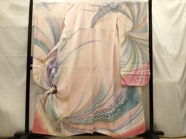 平和屋着物■リチャード・クレイダーマン　振袖　孔雀文　金彩　やまと誂製　正絹　逸品　AABJ7961sx