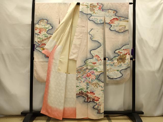 平和屋着物■豪華振袖　絞り　松竹梅　御所車風景文　金彩　正絹　逸品　AABJ7963sx