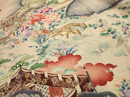 平和屋着物■豪華振袖　絞り　松竹梅　御所車風景文　金彩　正絹　逸品　AABJ7963sx