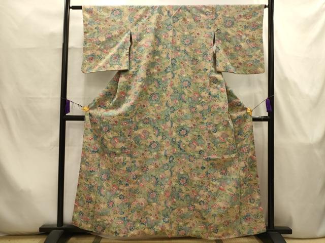 平和屋着物■上質な小紋　更紗花文　鬼しぼ縮緬　正絹　逸品　AABJ7971sx