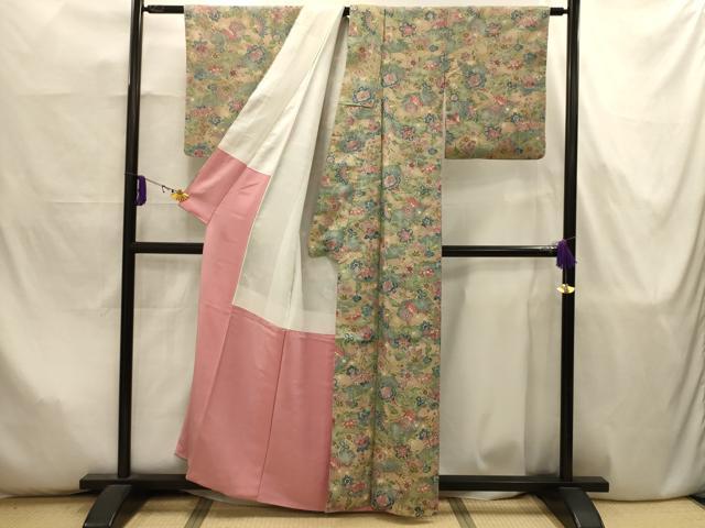平和屋着物■上質な小紋　更紗花文　鬼しぼ縮緬　正絹　逸品　AABJ7971sx