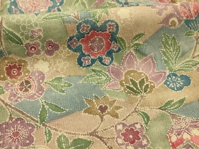 平和屋着物■上質な小紋　更紗花文　鬼しぼ縮緬　正絹　逸品　AABJ7971sx