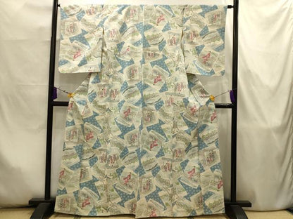平和屋着物■上質な小紋　紬地　色紙重ね人物風景文　正絹　逸品　AABJ7974sx