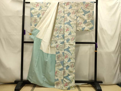 平和屋着物■上質な小紋　紬地　色紙重ね人物風景文　正絹　逸品　AABJ7974sx