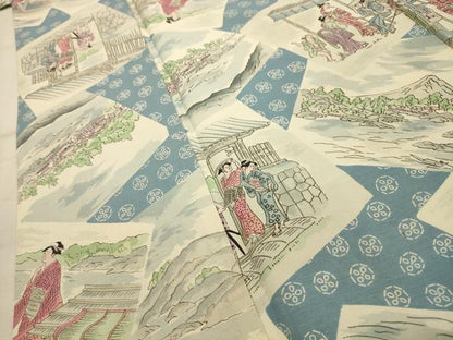 平和屋着物■上質な小紋　紬地　色紙重ね人物風景文　正絹　逸品　AABJ7974sx