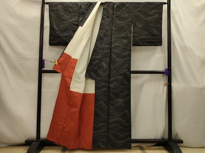 平和屋着物■本場大島紬　幾何学文様　黒地　正絹　逸品　AABJ7980sx