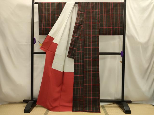 平和屋着物■本場縞大島紬　格子　黒地　正絹　逸品　AABJ7992sx
