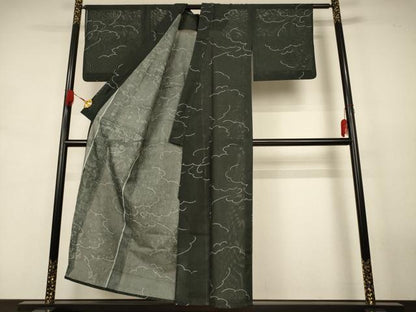 平和屋着物＊夏物　小紋　絽　雲取り文　黒地　洗える着物　AABJ8013jd
