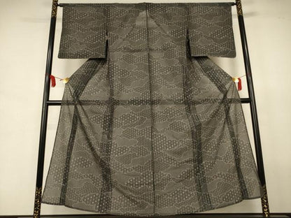 平和屋着物＊夏物　小紋　絽　雲取り麻の葉文　黒地　洗える着物　AABJ8014jd