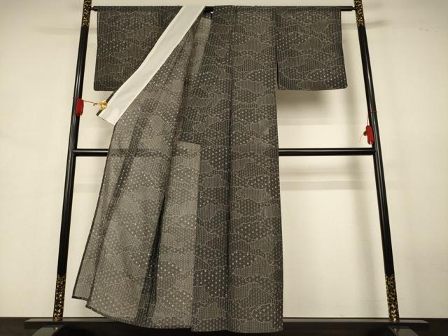 平和屋着物＊夏物　小紋　絽　雲取り麻の葉文　黒地　洗える着物　AABJ8014jd