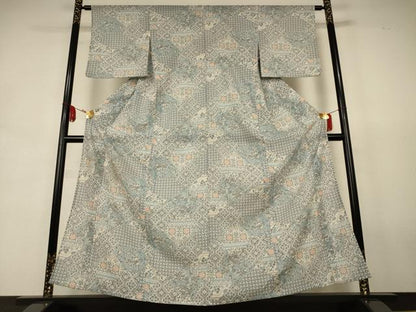平和屋着物＊夏物　小紋　紗　幾何学花文　洗える着物　AABJ8016jd