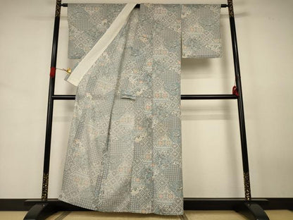 平和屋着物＊夏物　小紋　紗　幾何学花文　洗える着物　AABJ8016jd