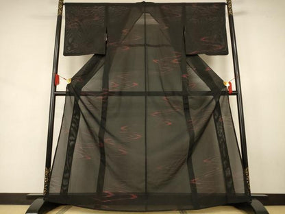 平和屋着物＊夏物　小紋　流水紋紗　黒地　正絹　逸品　AABJ8018jd