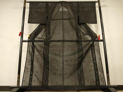 平和屋着物＊夏物　小紋　紗　枝葉文　黒地　正絹　逸品　AABJ8023jd