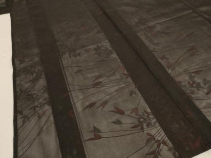 平和屋着物＊夏物　小紋　紗　枝葉文　黒地　正絹　逸品　AABJ8023jd