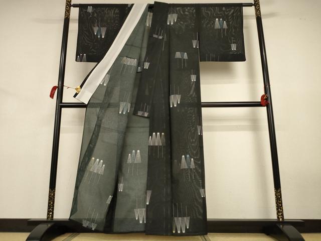 平和屋着物＊夏物 小紋 絽 番傘 黒地 洗える着物 AABJ8030jd