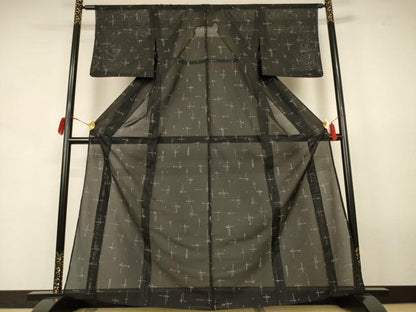 平和屋着物＊夏物 小紋 絽 幾何学文様 黒地 洗える着物 AABJ8034jd
