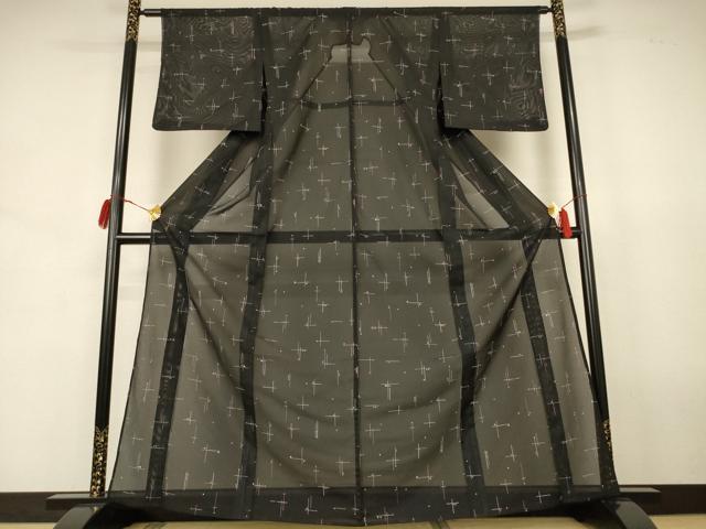 平和屋着物＊夏物 小紋 絽 幾何学文様 黒地 洗える着物 AABJ8034jd