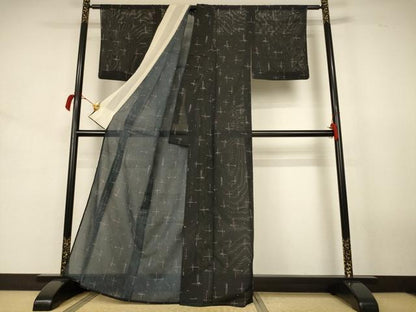 平和屋着物＊夏物 小紋 絽 幾何学文様 黒地 洗える着物 AABJ8034jd