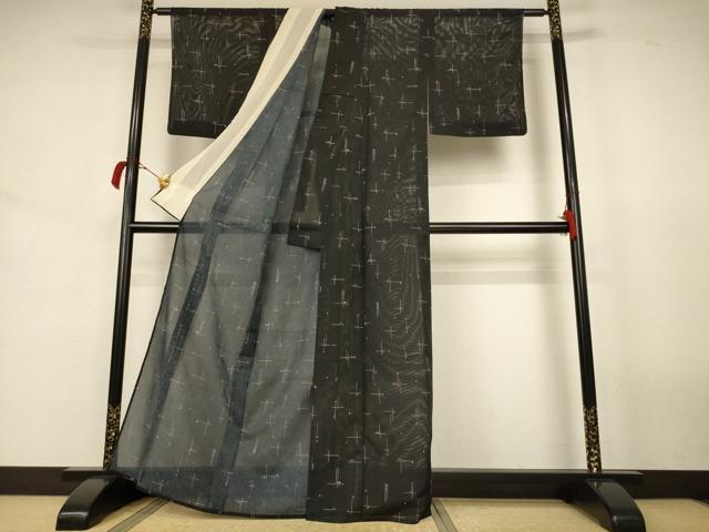平和屋着物＊夏物 小紋 絽 幾何学文様 黒地 洗える着物 AABJ8034jd