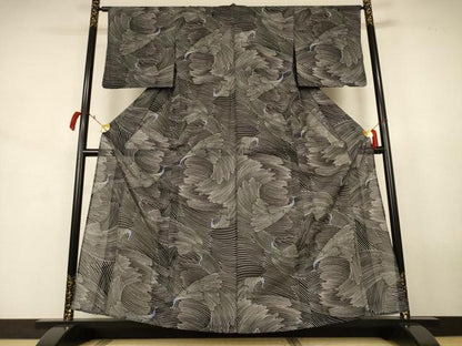 平和屋着物＊夏物 小紋 絽 孔雀文 黒地 洗える着物 AABJ8037jd