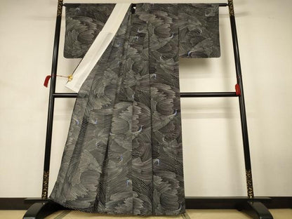 平和屋着物＊夏物 小紋 絽 孔雀文 黒地 洗える着物 AABJ8037jd