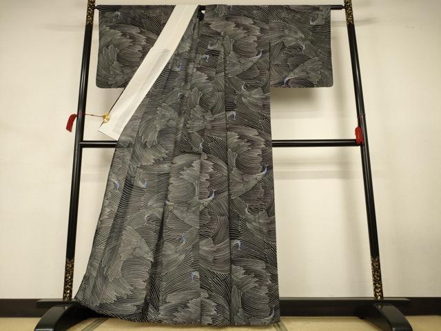 平和屋着物＊夏物 小紋 絽 孔雀文 黒地 洗える着物 AABJ8037jd