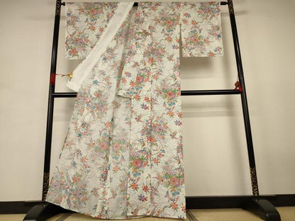 平和屋着物＊夏物 小紋 絽 舞蝶花鳥文 洗える着物 AABJ8040jd