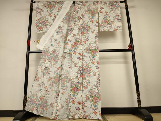 平和屋着物＊夏物 小紋 絽 舞蝶花鳥文 洗える着物 AABJ8040jd