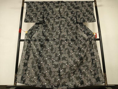 平和屋着物＊夏物 小紋 絽 草花文 黒地 洗える着物 AABJ8042jd
