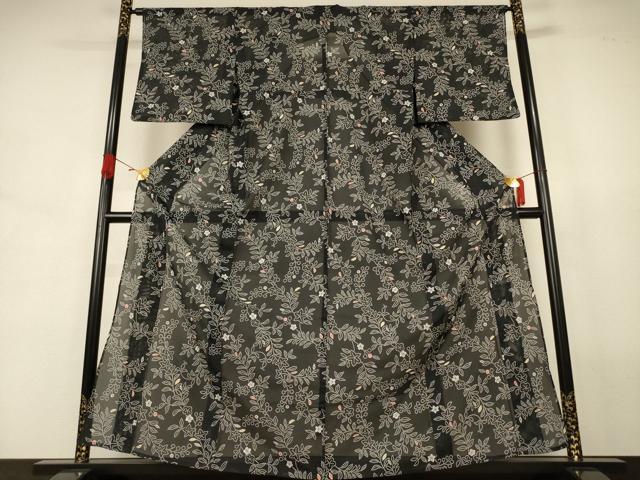 平和屋着物＊夏物 小紋 絽 草花文 黒地 洗える着物 AABJ8042jd