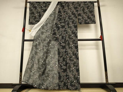 平和屋着物＊夏物 小紋 絽 草花文 黒地 洗える着物 AABJ8042jd