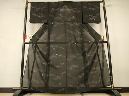 平和屋着物＊夏物　小紋　絽　勝虫　黒地　正絹　逸品　AABJ8068jd